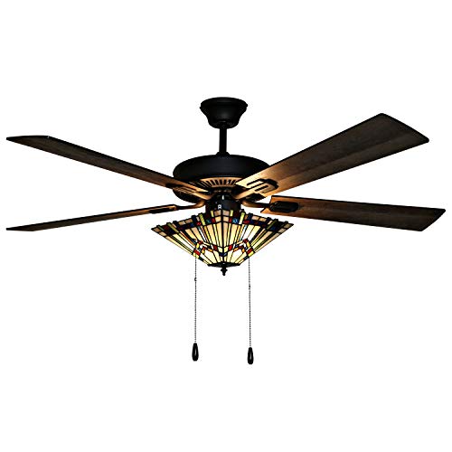 RIVER OF GOODS Craftsman LED Ceiling Fan - 52" L x 52" W - Tiffany-Style Stained Glass Ceiling Fan with Lights