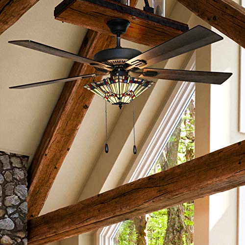 RIVER OF GOODS Craftsman LED Ceiling Fan - 52" L x 52" W - Tiffany-Style Stained Glass Ceiling Fan with Lights