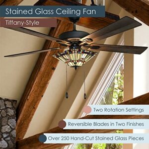 RIVER OF GOODS Craftsman LED Ceiling Fan - 52" L x 52" W - Tiffany-Style Stained Glass Ceiling Fan with Lights