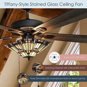 RIVER OF GOODS Craftsman LED Ceiling Fan - 52" L x 52" W - Tiffany-Style Stained Glass Ceiling Fan with Lights