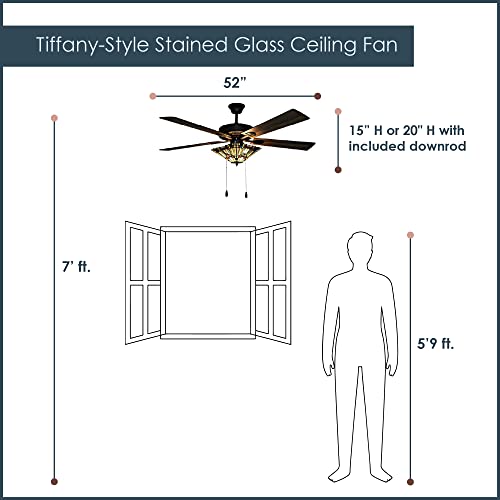 RIVER OF GOODS Craftsman LED Ceiling Fan - 52" L x 52" W - Tiffany-Style Stained Glass Ceiling Fan with Lights