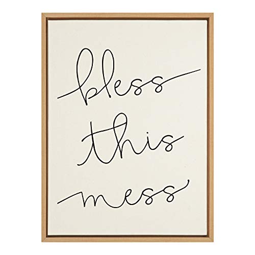 Kate and Laurel Sylvie Bless This Mess Framed Linen Textured Canvas Wall Art by Maggie Price of Hunt and Gather Goods, 18x24 Natural, Humorous Motivational Art for Wall