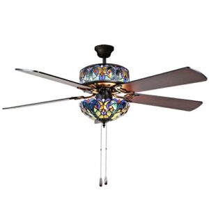 river of goods tiffany-style halston stained glass ceiling fan – 52″ l x 52″ w – mahogany and black fan blades – blue
