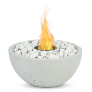 concrete tabletop fire pit – smokeless & odorless round ethanol tabletop fire pit – portable outdoor & indoor smores fire pit – mini fireplace with decorative rocks – bi ethanol fuel