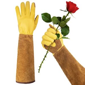 woheer long gardening gloves for women thorn proof,rose pruning cowhide leather garden gloves for cactus, rose and blackberry, medium (1 pair)