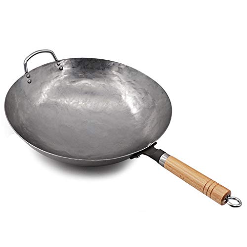 CZDYUF Traditional Hand Hammered Carbon Steel Pow Wok with Wooden and Steel Helper Handle, Round Bottom