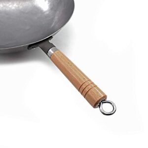 CZDYUF Traditional Hand Hammered Carbon Steel Pow Wok with Wooden and Steel Helper Handle, Round Bottom