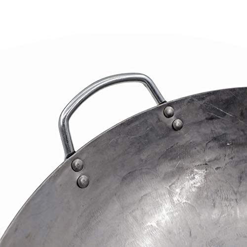 CZDYUF Traditional Hand Hammered Carbon Steel Pow Wok with Wooden and Steel Helper Handle, Round Bottom