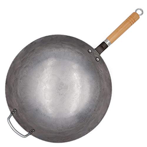 CZDYUF Traditional Hand Hammered Carbon Steel Pow Wok with Wooden and Steel Helper Handle, Round Bottom