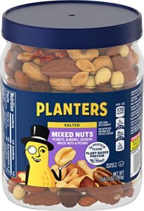 planters mixed nuts, salted, 27 oz, resealable jar – salted nuts with less than 50% peanuts^ (*nuts are measured by weight), almonds, cashews, hazelnuts & pecans – kosher