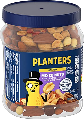 PLANTERS Mixed Nuts, Salted, 27 oz, Resealable Jar - Salted Nuts with Less than 50% Peanuts^ (*Nuts are Measured by Weight), Almonds, Cashews, Hazelnuts & Pecans - Kosher