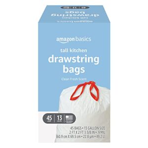 amazon basics tall kitchen drawstring trash bags, clean fresh scent, 13 gallon, 45 count (previously solimo)