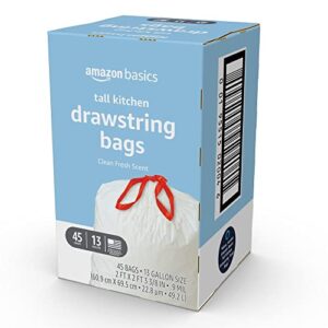 Amazon Basics Tall Kitchen Drawstring Trash Bags, Clean Fresh Scent, 13 Gallon, 45 Count (Previously Solimo)