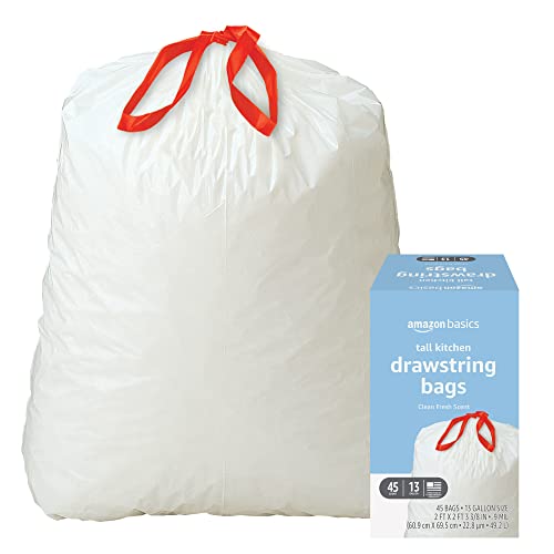 Amazon Basics Tall Kitchen Drawstring Trash Bags, Clean Fresh Scent, 13 Gallon, 45 Count (Previously Solimo)