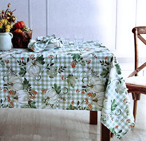 Gather Together Autumn Thanksgiving Fall White Pumpkins on Green and White Checkered Background Printed Fabric Tablecloth (60" L x 84" W)