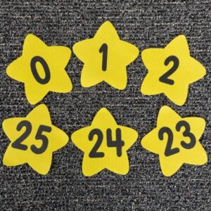 really good stuff carpet mark-its – numbers 0-25, 5” by 5” (set of 26) – star-shaped yellow carpet spots – assign floor seating, play games – durable, no-slide back