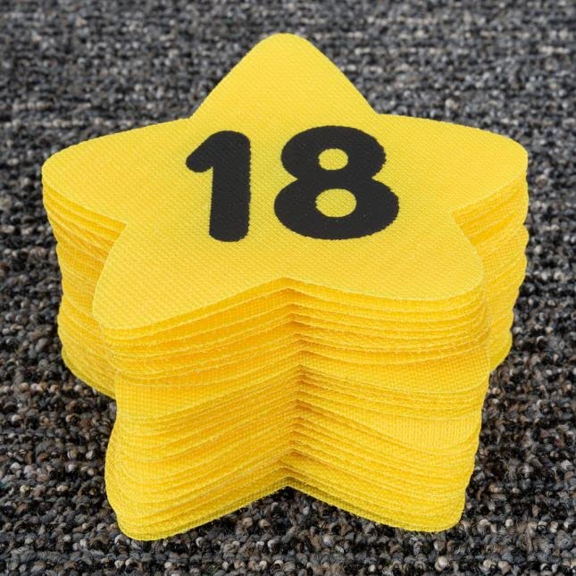 Really Good Stuff Carpet Mark-Its – Numbers 0-25, 5” by 5” (Set of 26) – Star-Shaped Yellow Carpet Spots - Assign Floor Seating, Play Games – Durable, No-Slide Back