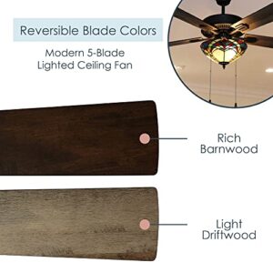 RIVER OF GOODS Tiffany-Style Stained Glass Ceiling Fan - 52" L x 52" W - Distressed Light and Dark Brown Fan Blades