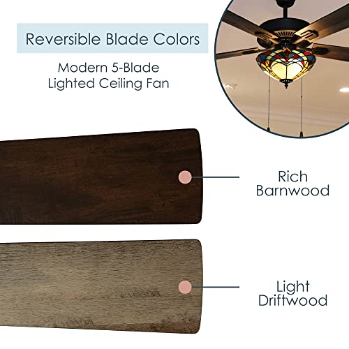 RIVER OF GOODS Tiffany-Style Stained Glass Ceiling Fan - 52" L x 52" W - Distressed Light and Dark Brown Fan Blades