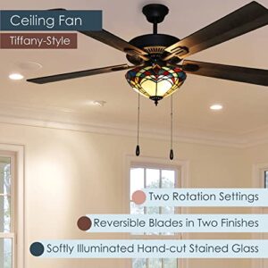 RIVER OF GOODS Tiffany-Style Stained Glass Ceiling Fan - 52" L x 52" W - Distressed Light and Dark Brown Fan Blades