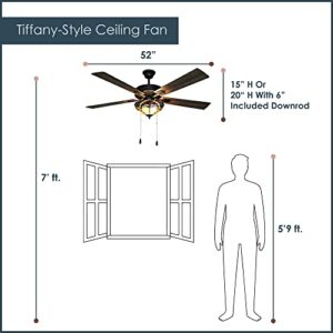 RIVER OF GOODS Tiffany-Style Stained Glass Ceiling Fan - 52" L x 52" W - Distressed Light and Dark Brown Fan Blades