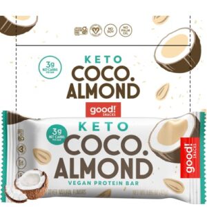 good! snacks keto vegan protein bars, coconut almond, gluten free keto snack bar, low carb, low sugar meal replacement, high protein healthy snacks, 10g protein, 3g net carbs, 12 bars