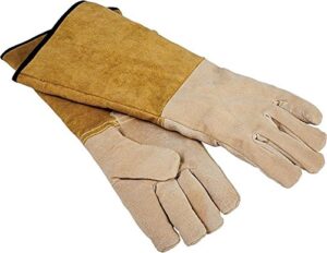 rocky mountain goods leather fireplace gloves 16”- extra long heat resistant pig skin leather – large – premium suede gloves for fire pits, grilling, welding, cooking – unisex design – hang strap