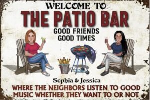 personalized classic metal sign – welcome to patio bar grilling listen to the good music couple husband wife custom wall decor for home gate garden bars sign gift vintage metal signs wall decoration (woman – woman)