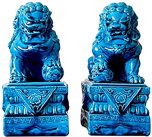 Thomm Statue Chinese Feng Shui Lions Sculpture for Home Office Wealth Decoration Money Good Luck Gather Business Housewarming Gift (Color : Blue)