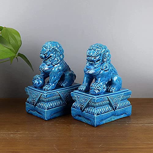 Thomm Statue Chinese Feng Shui Lions Sculpture for Home Office Wealth Decoration Money Good Luck Gather Business Housewarming Gift (Color : Blue)