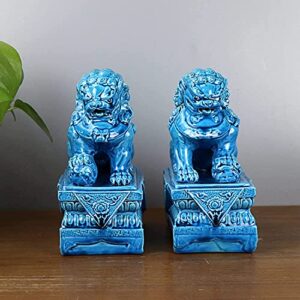 Thomm Statue Chinese Feng Shui Lions Sculpture for Home Office Wealth Decoration Money Good Luck Gather Business Housewarming Gift (Color : Blue)