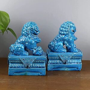 Thomm Statue Chinese Feng Shui Lions Sculpture for Home Office Wealth Decoration Money Good Luck Gather Business Housewarming Gift (Color : Blue)