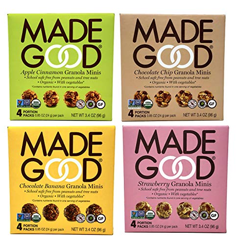 Made Good Organic Granola Minis – Variety Pack of 4 Flavors –Tree-Nut and Peanut-Free, Gluten-Free, Vegan, Kosher (4 Portion Packs Per Flavor)