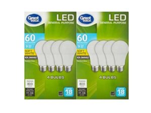 great value led light bulb 9watts 60watts equivalent soft white pack of two, 4 bulbs in each pack