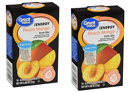 Great Value Sugar Free Low Calorie ENERGY Peach Mango Drink Mix with Caffeine - Naturally Flavored with Other Natural Flavors (Pack of 2)
