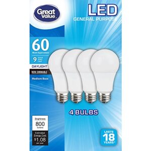 (4-pack) great value 60w replacement bulbs 9w non-dimmable led a19 in daylight white (5000k, e26, energy star, 18 year life, 800 lumens)
