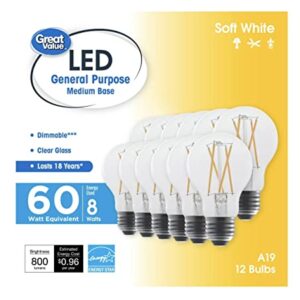 Great Value LED General Purpose Medium Base, A19 60W, Clear Glass, 12 pk.