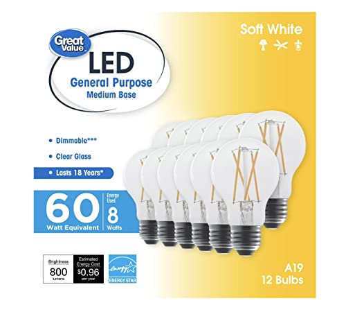 Great Value LED General Purpose Medium Base, A19 60W, Clear Glass, 12 pk.