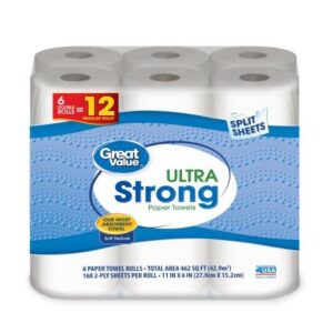 great value ultra strong paper towels, split sheets, 6 double rolls