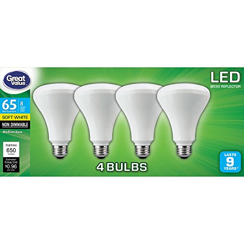 Great Value LED Light Bulb 4-Pack, 8W (65W Equivalent) BR30, Soft White