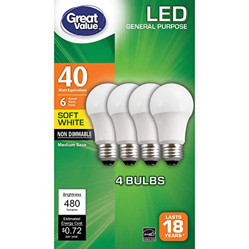 Great Value LED Light Bulbs 6W (40W Equivalent) A19, Soft White, 4pk