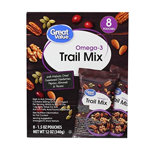 Great Value Omega-3 Trail Mix, 1.5 oz, 8 Count Snack Pouches (Pack of 3)