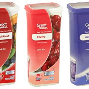 Great Value Drink Mix, Sugar Free, Fruit Punch, Cherry and Grape Bundle of 3 flavor Canisters. (Canister Designs May Vary)