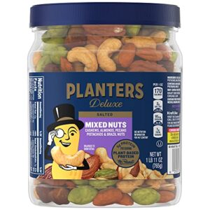 planters deluxe mixed nuts with sea salt, 27 oz. resealable container – variety mixed nuts snacks with cashews, almonds, pecans, pistachios & hazelnuts – energy boost – kosher
