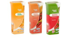great value drink mix, sugar free, early rise orange, orange strawberry banana and strawberry watermelon a bundle of 3 flavor canisters. (canister designs may vary)