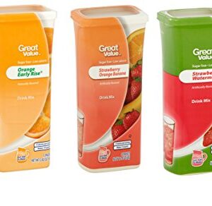 Great Value Drink Mix, Sugar Free, Early Rise Orange, Orange Strawberry Banana and Strawberry Watermelon a Bundle of 3 flavor Canisters. (Canister Designs May Vary)