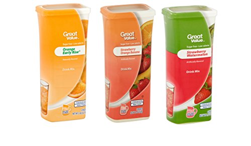 Great Value Drink Mix, Sugar Free, Early Rise Orange, Orange Strawberry Banana and Strawberry Watermelon a Bundle of 3 flavor Canisters. (Canister Designs May Vary)