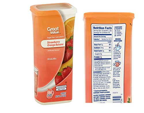 Great Value Drink Mix, Sugar Free, Early Rise Orange, Orange Strawberry Banana and Strawberry Watermelon a Bundle of 3 flavor Canisters. (Canister Designs May Vary)