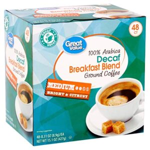 pack of 3 – great value decaf breakfast blend ground coffee single serve cups, medium roast, 15.1 oz, 48 count