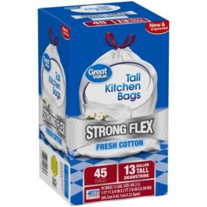 Great Value Strong Flex Tall Kitchen Drawstring Trash Bags, Fresh Cotton, 13 Gallon, 45 Count